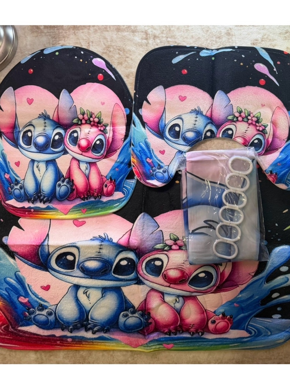 Disney Stitch & Angel Bath Set - Shower Curtain w clips + 3 mats nonslip